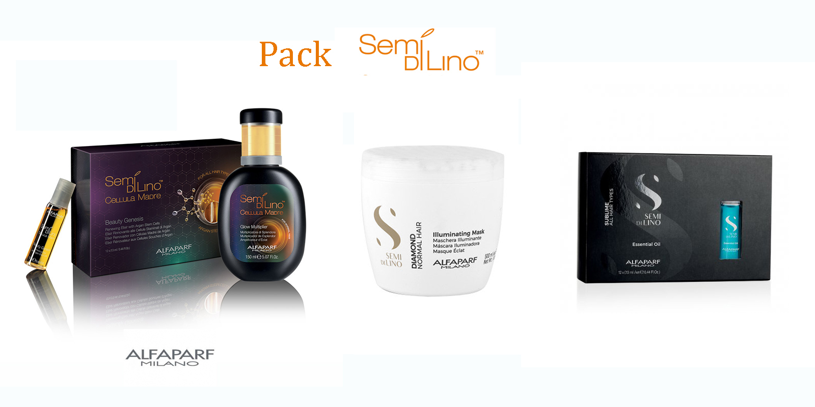 Pack Belleza para tu cabello (Illuminating Essential Oil + Mask + Semi Di Lino Cellula Madre Solución de Esplendor Formato Grande)